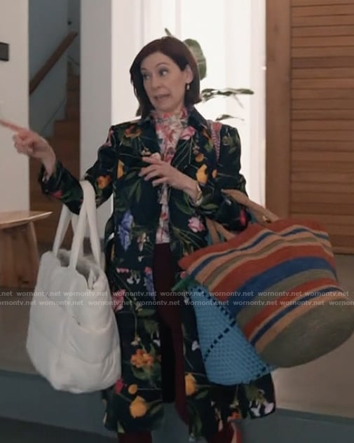 Elsbeth's black floral print coat on Elsbeth