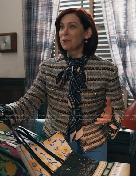 Elsbeth's stripe tweed jacket and tote bags on Elsbeth
