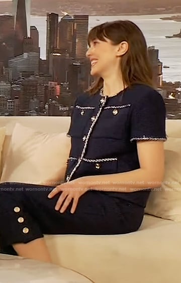 Elizabeth Olsen's blue tweed cardigan and pants on The Drew Barrymore Show