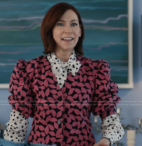 Elsbeth's pink printed puff sleeve top on Elsbeth