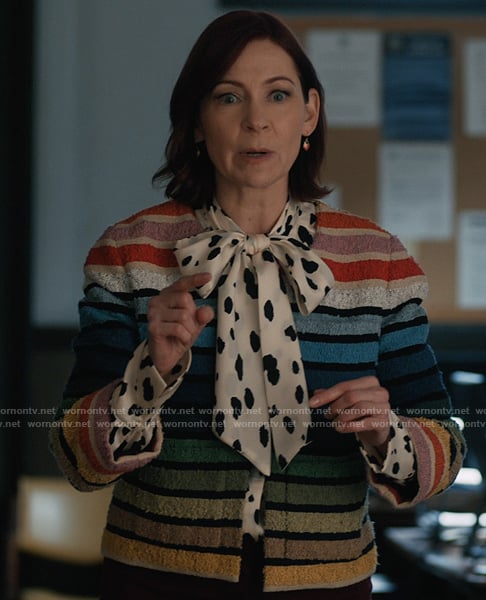 Elsbeth's rainbow striped jacket on Elsbeth