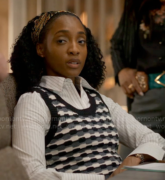 Faith's black and white geometric print sweater vest on Will Trent