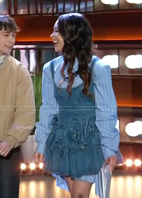 Gabrielle Nevaeh's blue denim mini dress and striped blouse on The Kelly Clarkson Show