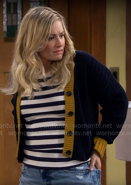Gemma's striped tank top and cardigan with yellow trims on The Neighborhood