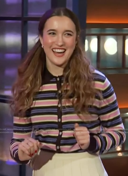 Gracie Lawrence's striped cardigan and pleated skirt on The Kelly Clarkson Show