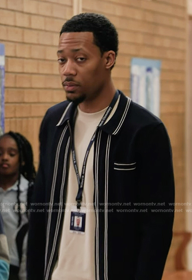 Greg's navy stripe trim cardigan on Abbott Elementary