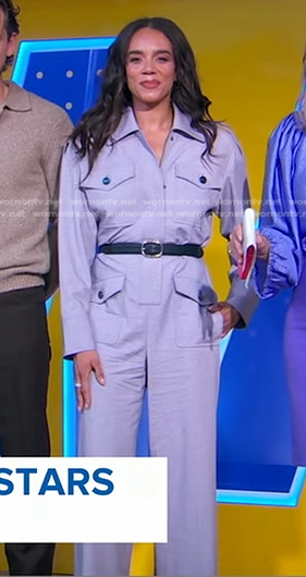 Hannah John-Kamen's lilac belted jumpsuit on Good Morning America