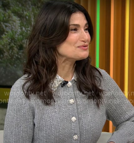 Idina Menzel's grey cardigan on CBS Mornings