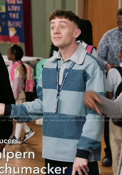 Jacob's denim stripe rugby shirt on Abbott Elementary