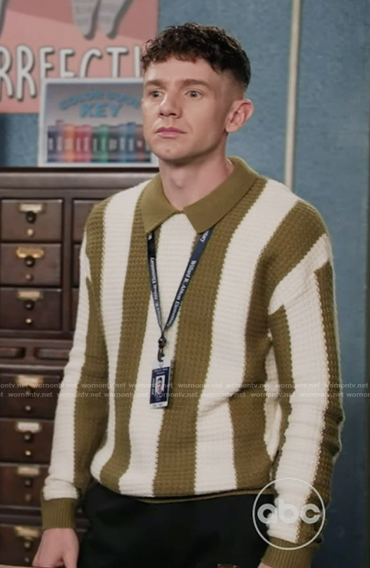 Jacob's green and white stripe knit sweater on Abbott Elementary