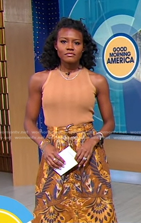 Janai's brown tank and printed belted skirt on Good Morning America