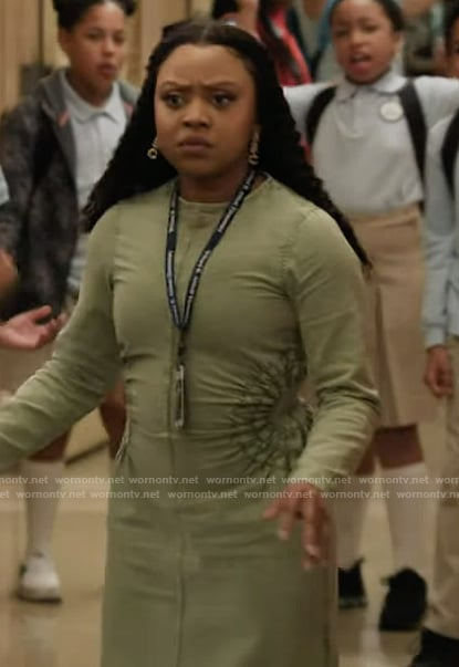 Janine's green ruched side dress on Abbott Elementary