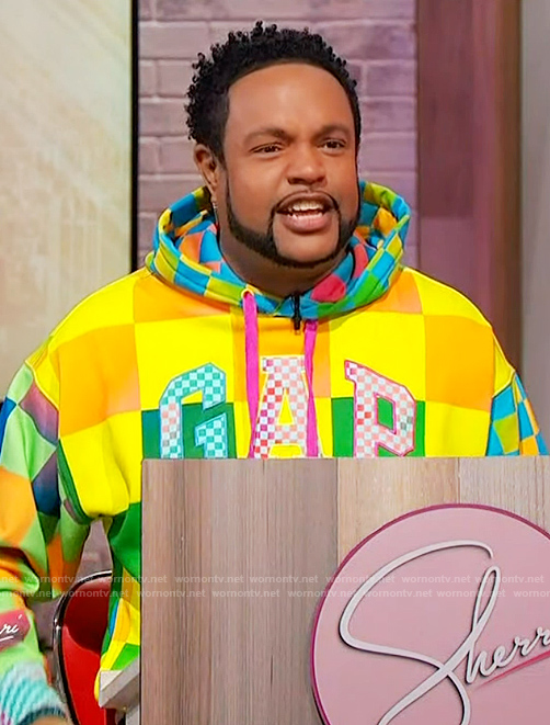 Jawn's multicolored check print hoodie on Sherri