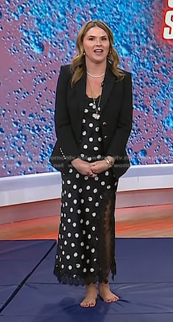 Jenna's black polka dot lace trim dress and blazer on Today
