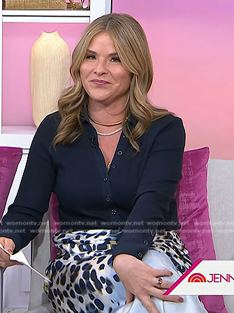 Jenna's navy button down top and animal print skirt on Today