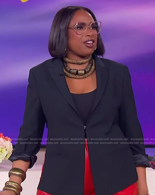 Jennifer's black cutout blazer and red leather pants on The Jennifer Hudson Show