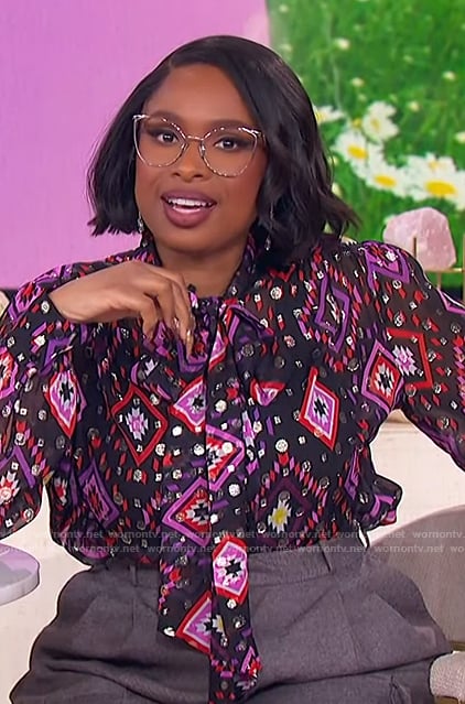 Jennifer's geometric print tie neck blouse and pants on The Jennifer Hudson Show