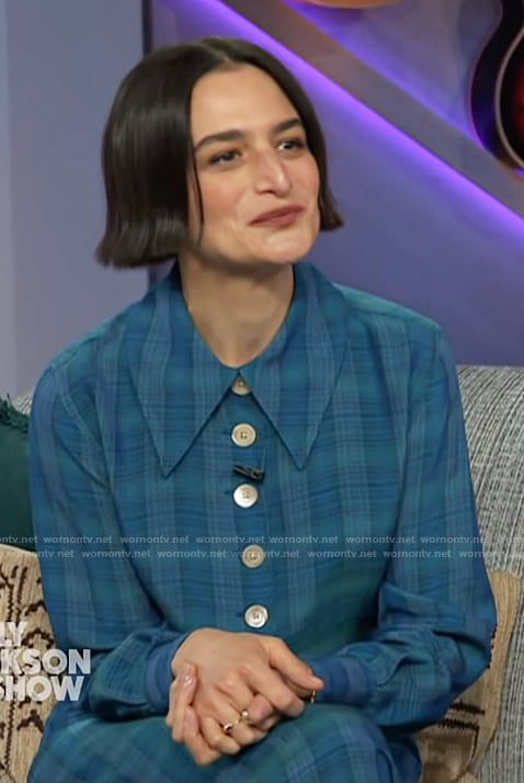 Jenny's blue plaid blouse and skirt on The Kelly Clarkson Show