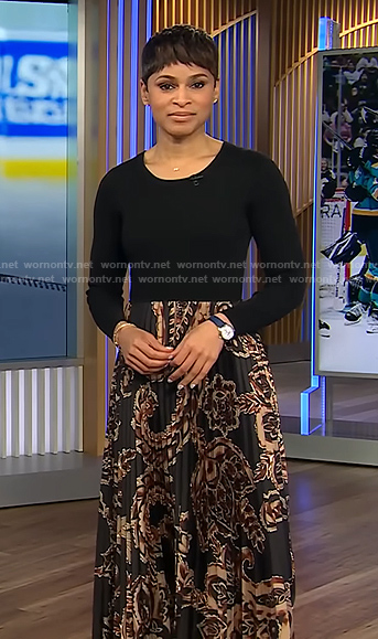 Jericka's black mixed media print dress on CBS Evening News