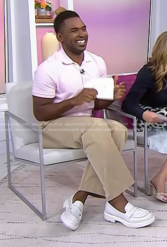 Justin's pink polo and white chunky loafers on Today