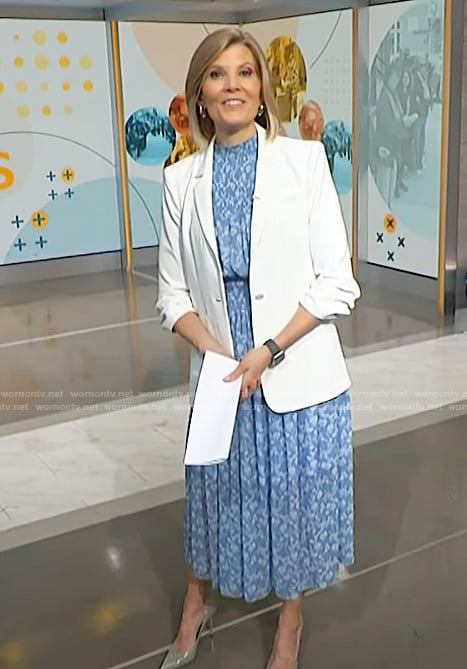Kate Snow's blue floral print dress and blazer on NBC News Daily