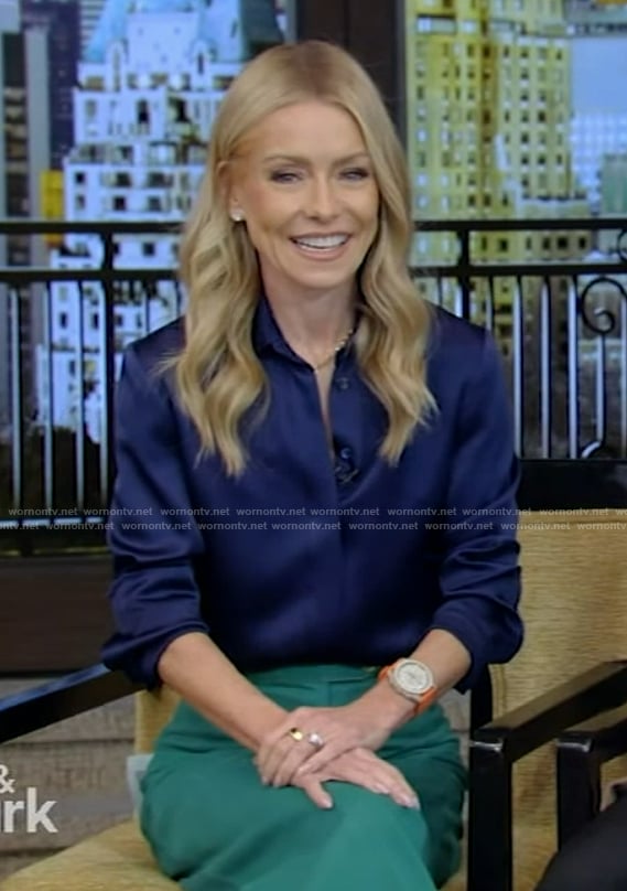 Kelly's blue satin blouse on Live with Kelly and Mark