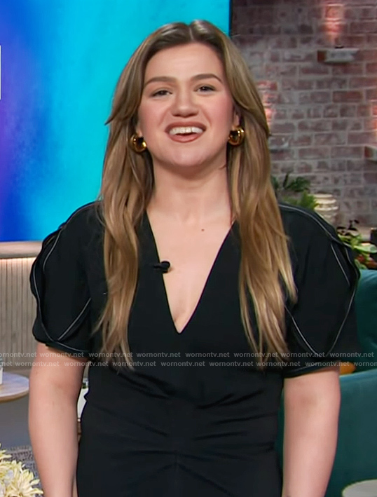 Kelly's black gathered waist dress on The Kelly Clarkson Show