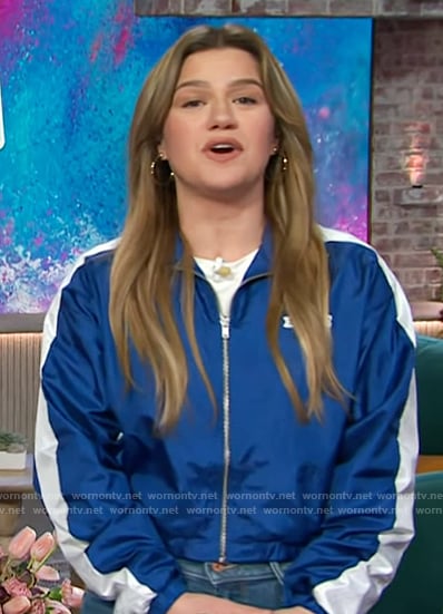 Kelly's blue bomber jacket on The Kelly Clarkson Show