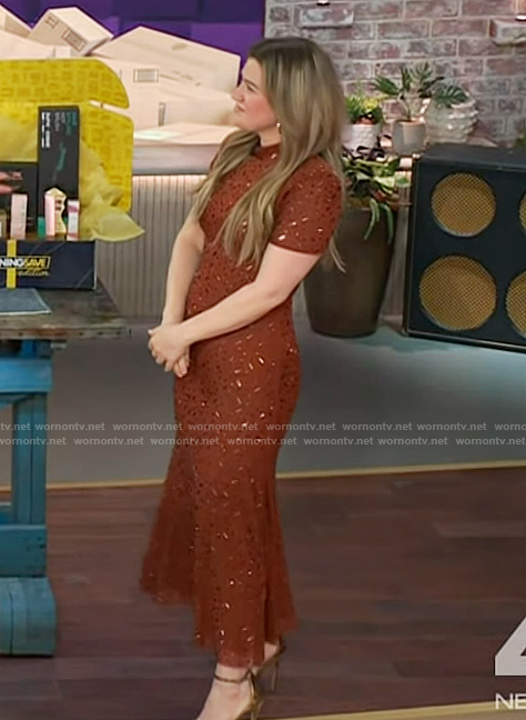Kelly's brown rhinestone embellished dress on The Kelly Clarkson Show