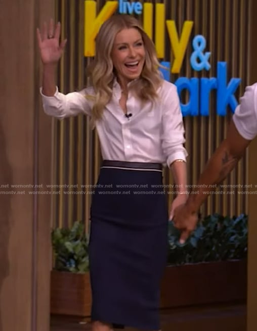Kelly's white blouse and navy skirt on Live with Kelly and Mark