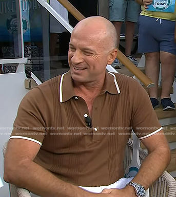 Kerry Titheradge's brown ribbed polo shirt on Today