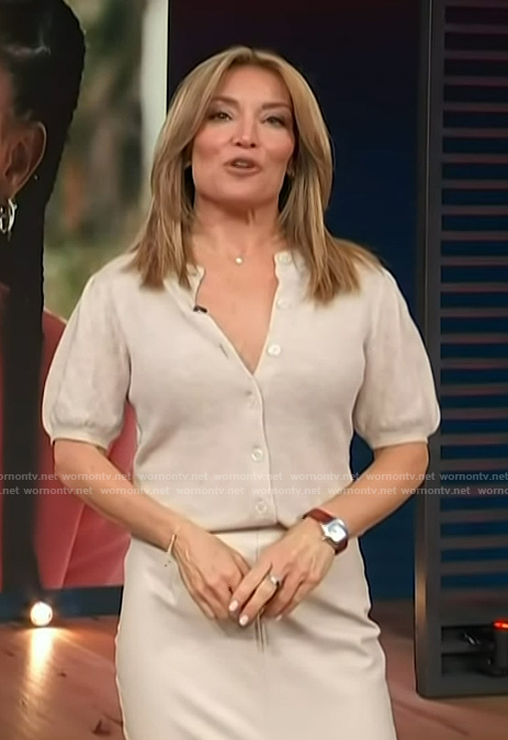 Kit's beige short sleeve cardigan on Access Hollywood
