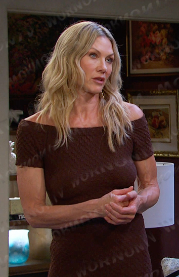 Kristen's brown textured off-shoulder dress on Days of our Lives