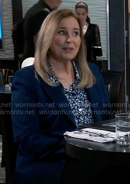 Laura's blue leopard shirt and teal blazer on General Hospital