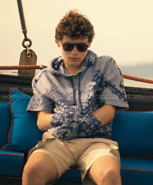 Lochie's blue printed hoodie on The White Lotus