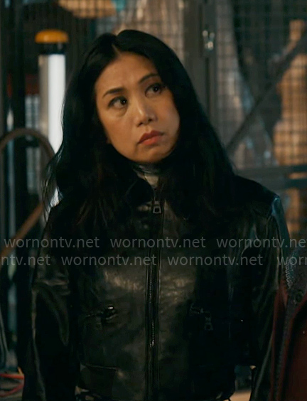 Mel's cropped zip up leather jacket on The Equalizer