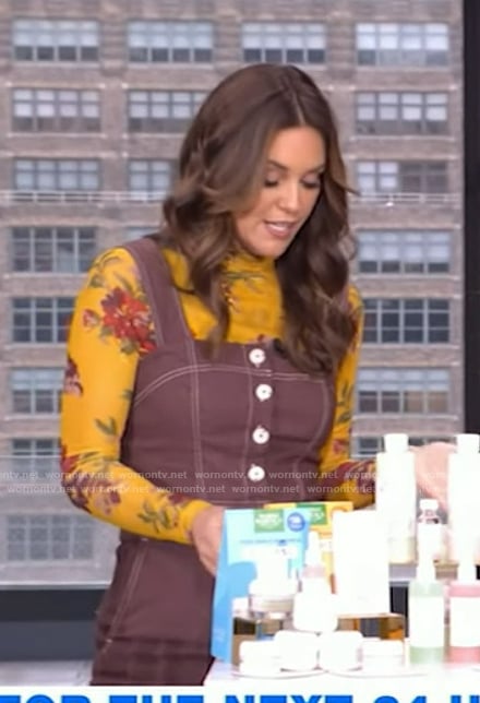 Monica Mangin's yellow floral mesh top and denim jumpsuit on Live with Kelly and Mark