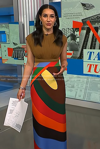 Morgan's brown gathered top and multicolor print skirt on NBC News Daily