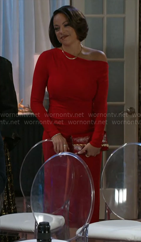 Nicole's red asymmetric shoulder dress on Beyond the Gates