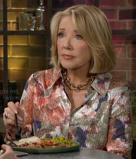 Nikki's metallic floral shirt on The Young and the Restless