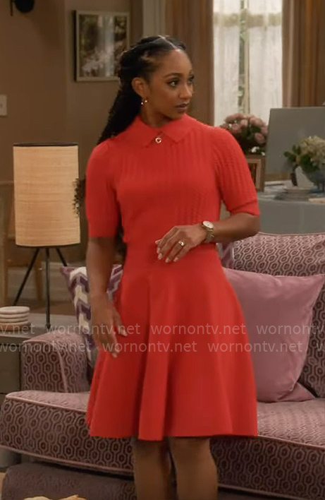 Nina's red knit collared dress on Poppas House