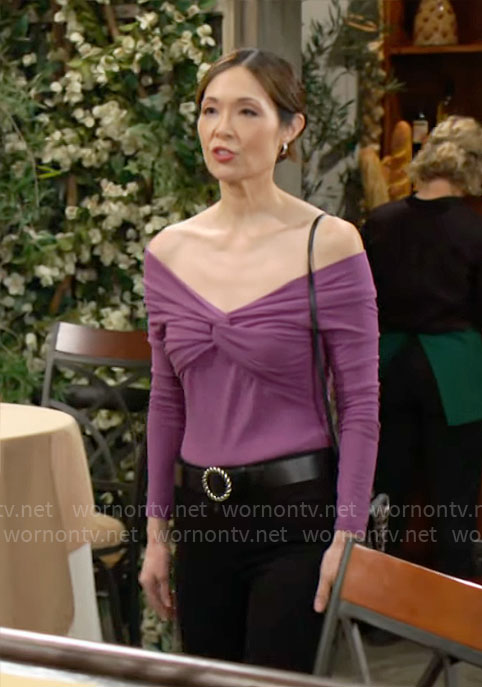 Poppy's purple off-shoulder top on The Bold and the Beautiful