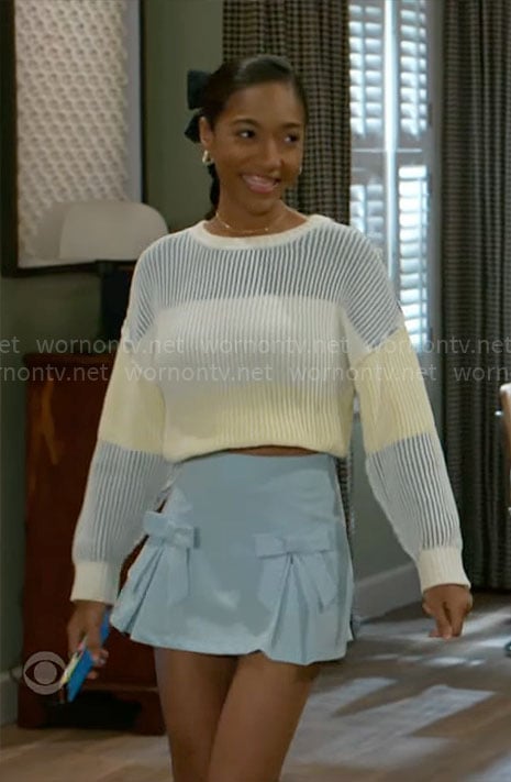 Samantha's colorblock sweater and blue bow skirt on Beyond the Gates