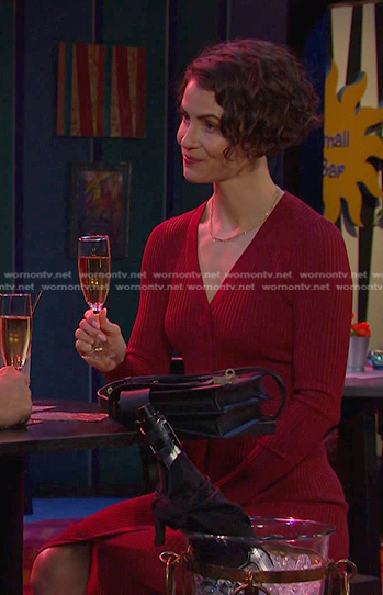 Sarah's red ribbed button front knit dress on Days of our Lives