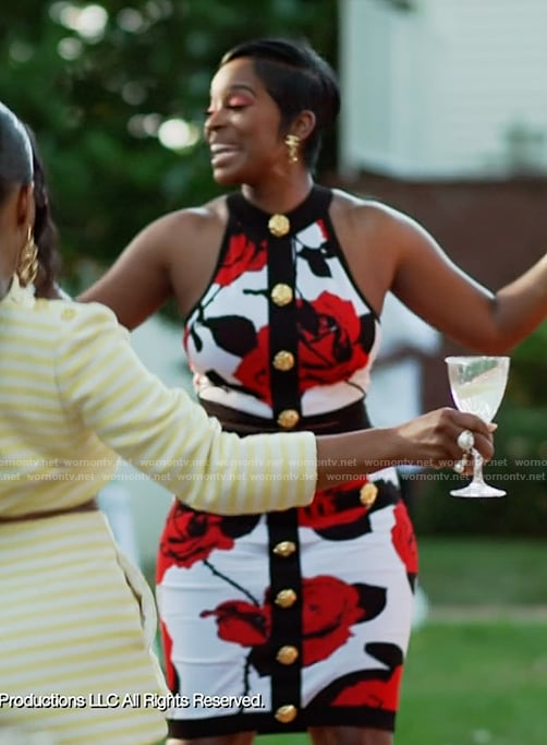 Shamea's floral button front top and skirt on The Real Housewives of Atlanta
