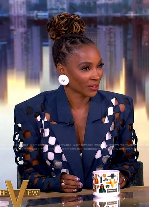 Shanola Hampton's navy eyelet blazer and pants on The View