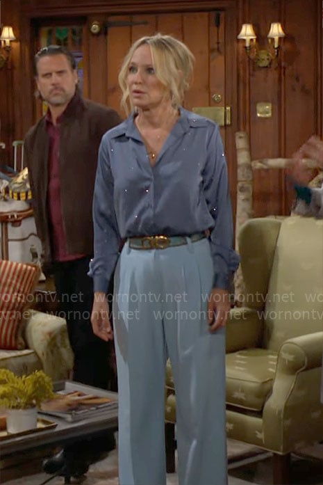 Sharon's blue sparkly shirt on The Young and the Restless