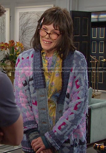 Susan's yelllow floral shirt and purple cardigan on Days of our Lives