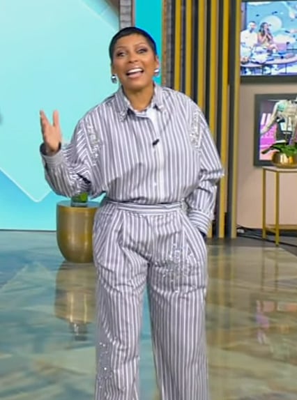 Tamron's stripe embellished top and pants on Tamron Hall Show