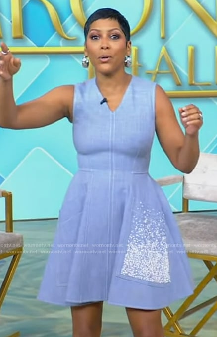 Tamron's denim v-neck dress on Tamron Hall Show